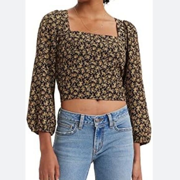 Levi’s Finn Blouse black/yellow floral long sleeve top - Picture 2 of 7